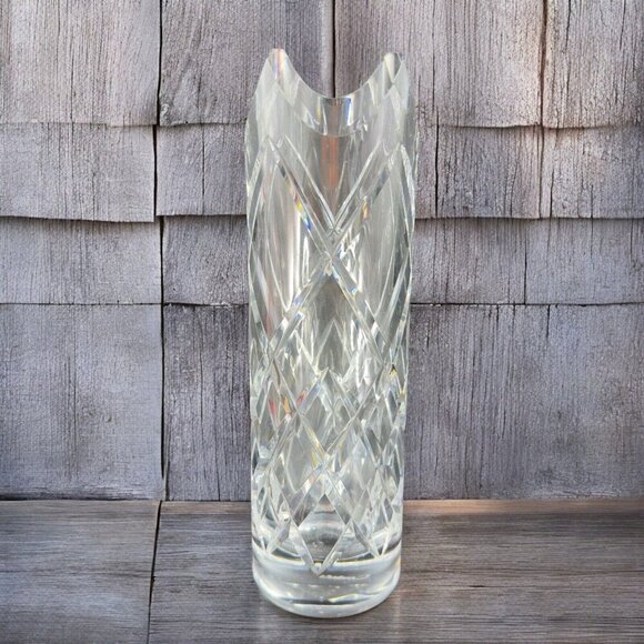 Vintage Ceska Clear Cylinder Crystal Glass Vase Cut Top Edges Czechoslovakia VTG - Picture 2 of 14